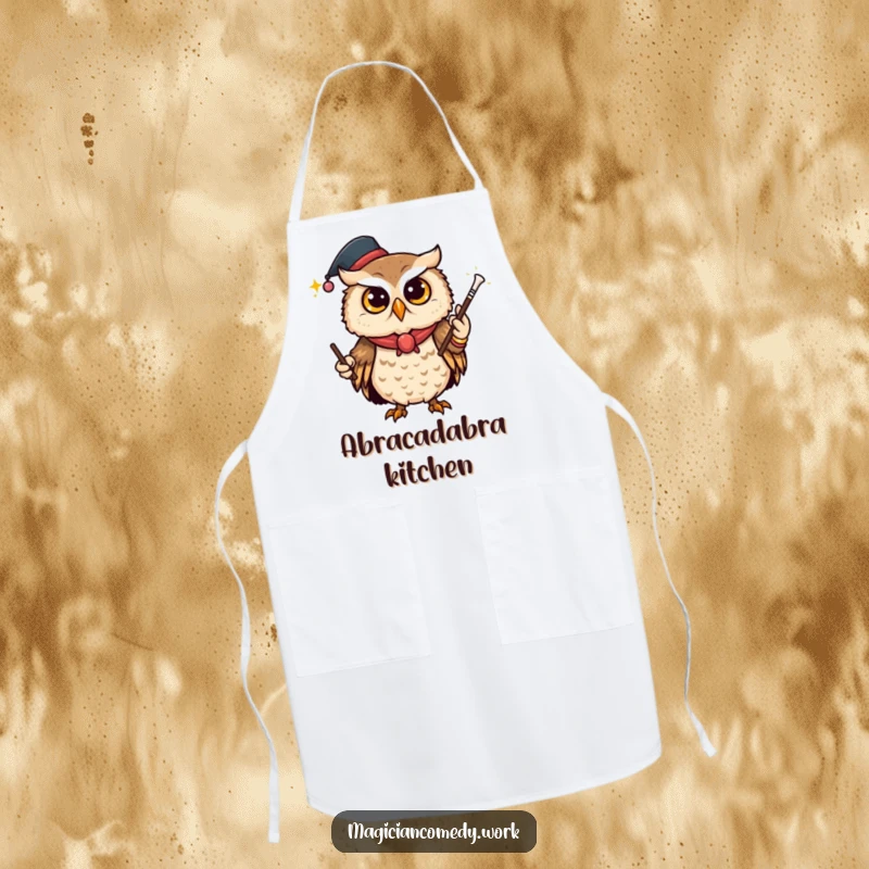 Funny owl magician apron, a curious owl vanishing a wand, ready for magical culinary secrets.