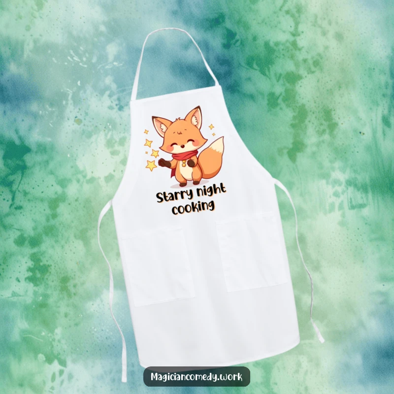 Funny fox magician apron, a playful fox conjuring stars, ready for magical culinary creations.