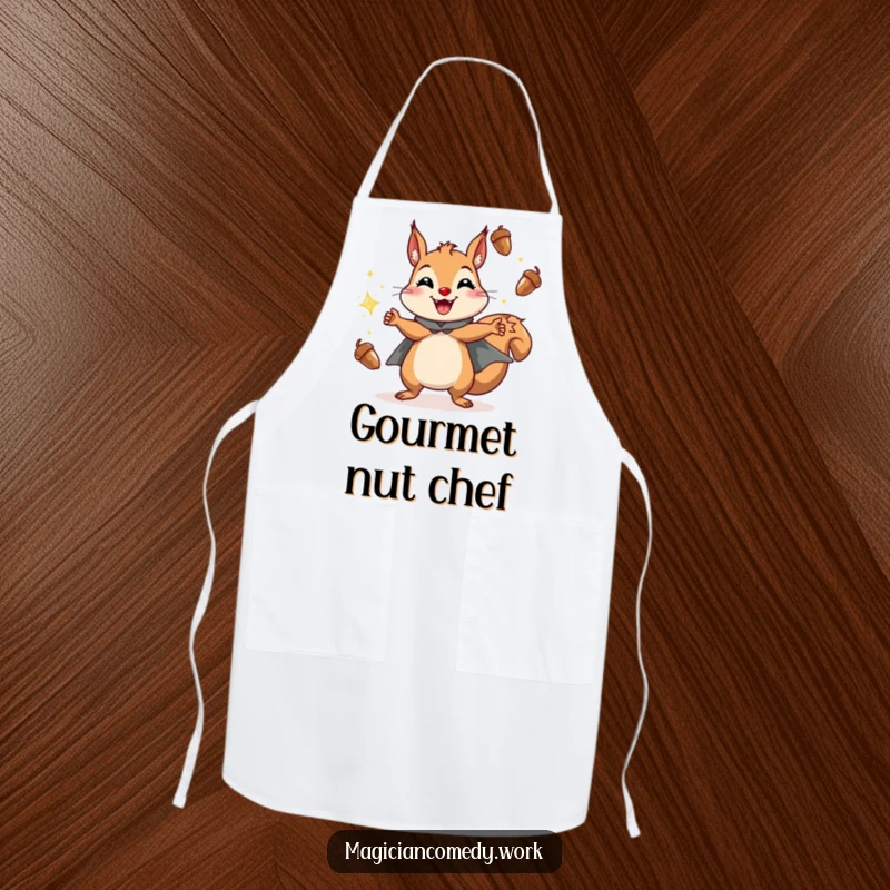 Funny squirrel juggling apron showing a cheerful squirrel in a cape grinning while juggling sparkling acorns, perfect for cooks.