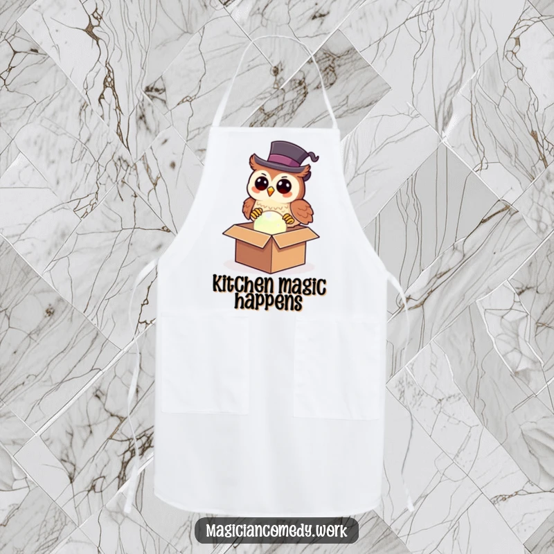 Funny owl magician apron showcasing a happy owl in a top hat pulling a glowing orb from a box, ideal for cooks.