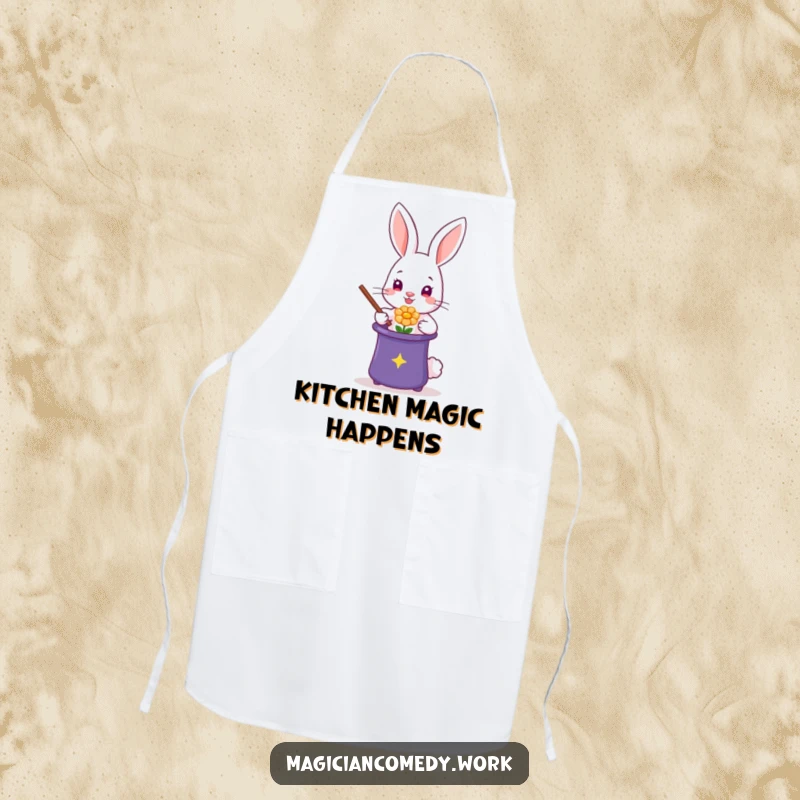 Funny rabbit magician apron, a cute bunny performing a flower trick, ready for magical culinary creations.
