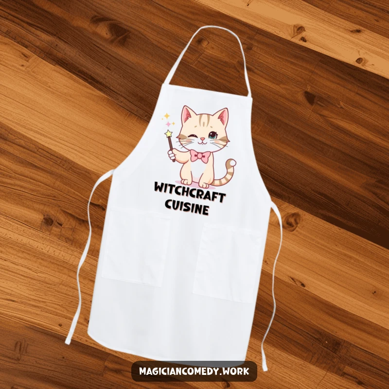 Funny apron depicting a whiskered cat in a bowtie making a wand disappear, ready to add humor to culinary magic.