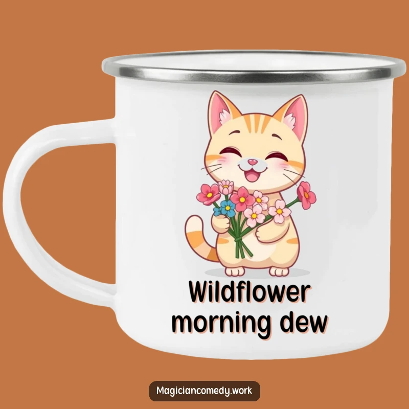 Funny Grinning Cat Flower Camping Mug: Outdoor Kitty Magic, Gift