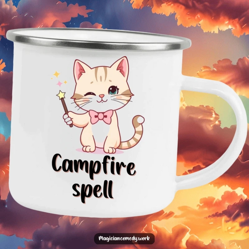 Funny camping mug with a whiskered cat in a bowtie making a wand disappear, ready for outdoor magic and a good laugh.