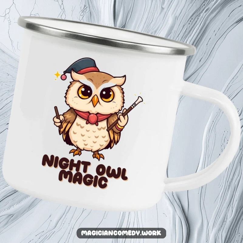 Funny owl magician camping mug, a curious owl vanishing a wand, ready for mysterious outdoor moments.