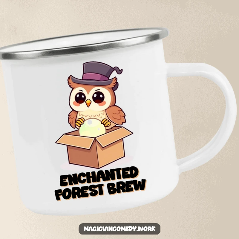 Funny owl magician camping mug with a happy owl in a top hat pulling a glowing orb from a box, for adventures.