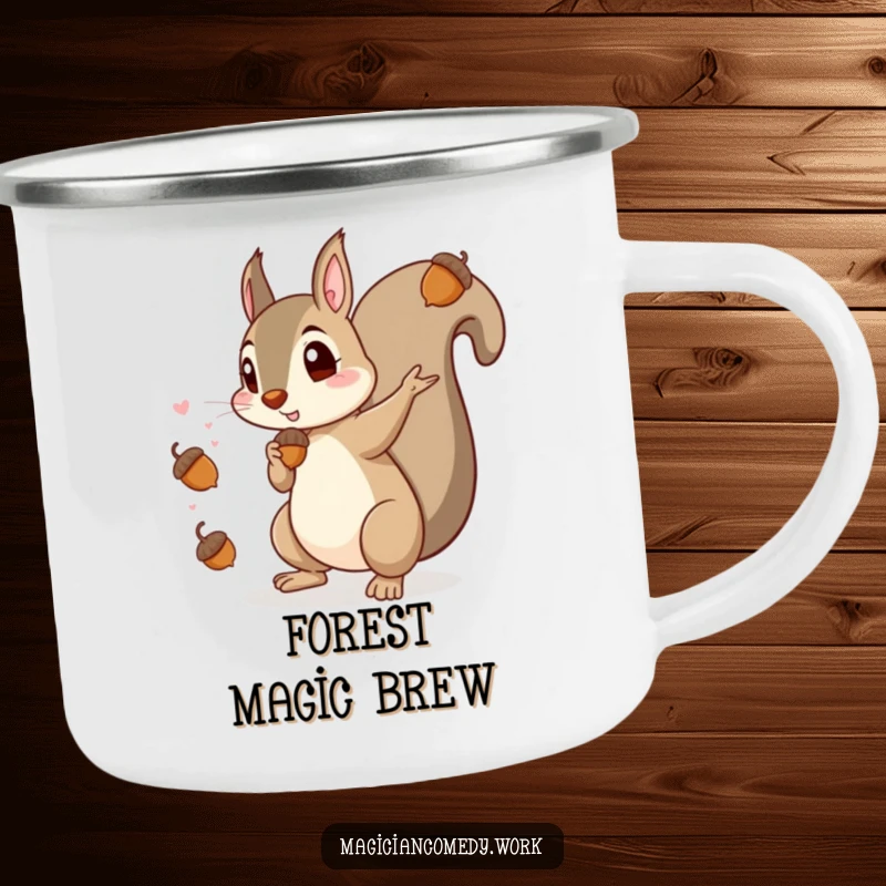 Funny camping mug with a mischievous squirrel magician making acorns appear, built for the outdoors and a good laugh.