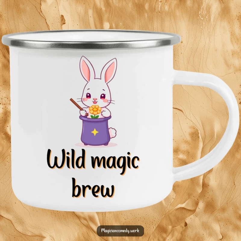 Funny rabbit magician camping mug, a cute conjuring bunny, ready for magical outdoor moments.