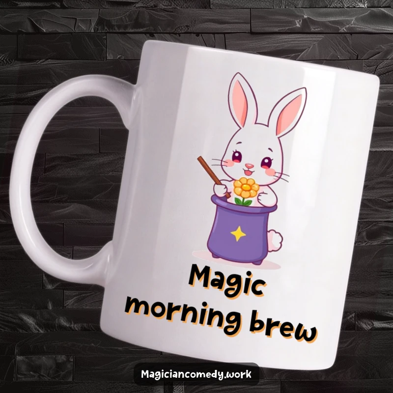 Funny rabbit magician mug showing a cute bunny pulling a flower from a top hat, full of wonder.