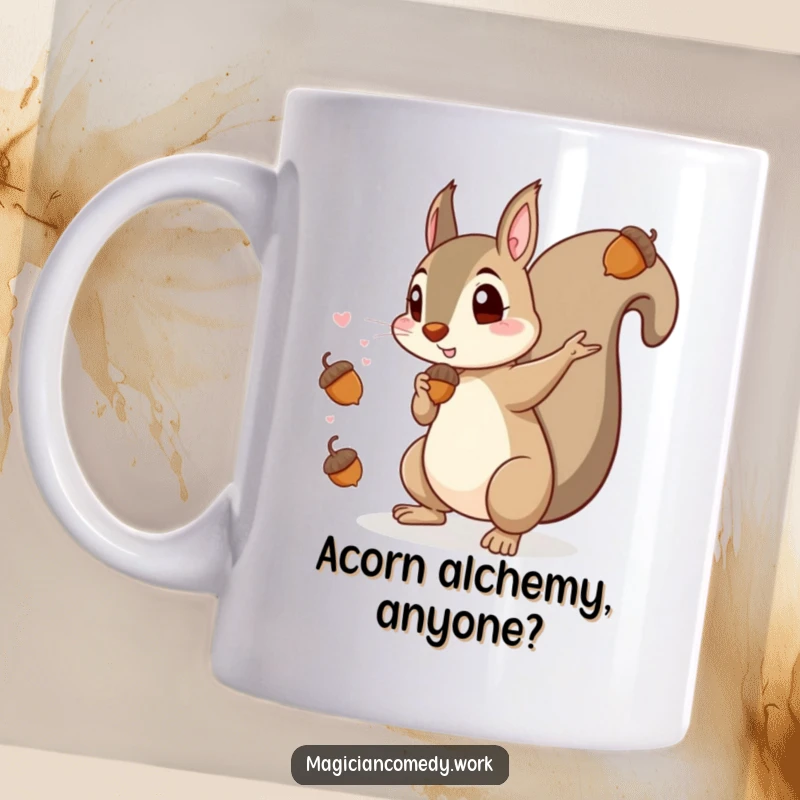 Funny mug featuring a mischievous squirrel magician conjuring acorns from thin air with a playful, sly expression, perfect for gift-givers.