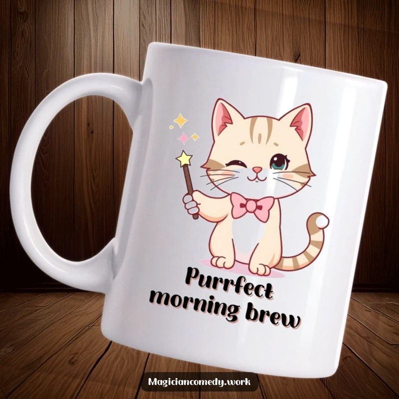 Funny mug featuring a whiskered cat in a bowtie magically making a wand disappear with its paw, looking quite pleased.