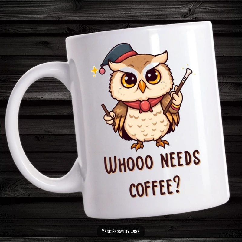 Funny owl magician mug showing a curious owl winking as it makes a wand vanish, full of mystery.