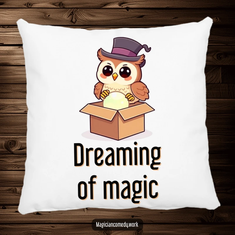 Funny owl magician pillow with a happy owl in a top hat pulling a glowing orb from a box, soft and humorous decor.