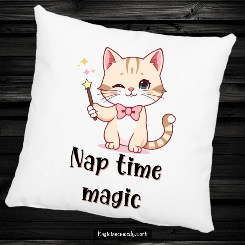 Funny pillow featuring a whiskered cat in a bowtie making a wand disappear, offering comfort with a touch of magical mystery.