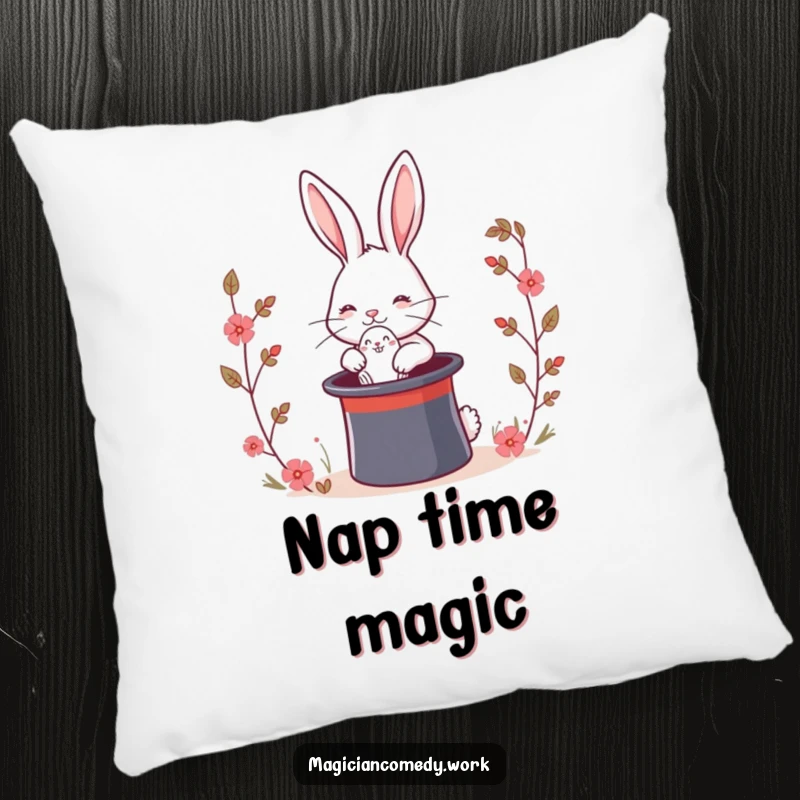 Funny magic rabbit pillow featuring a cute bunny pulling a rabbit from a top hat, offering comfort and a touch of funny magic.