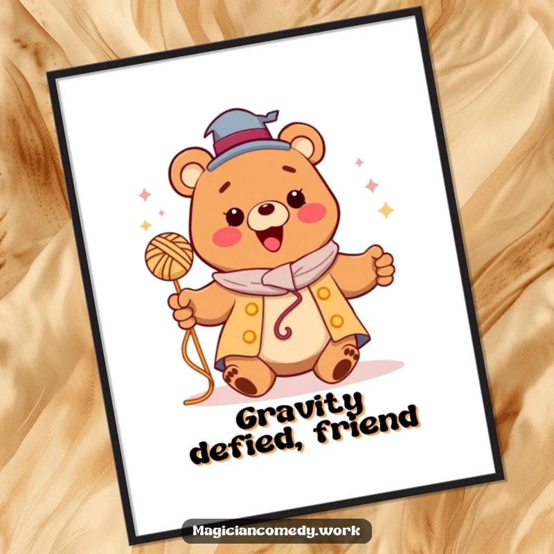 Funny bear magician digital art print, a happy bear levitating a ball of yarn, creating a joyful and magical scene.