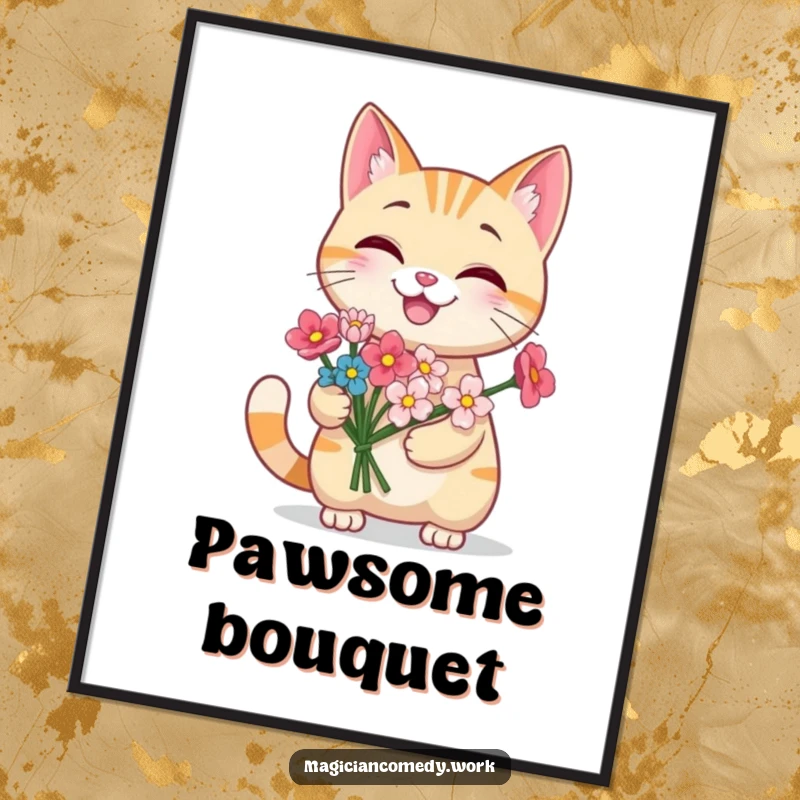 Funny grinning cat digital art print of a cute cat producing a bouquet of flowers from its paw, offering charming and whimsical floral decor.