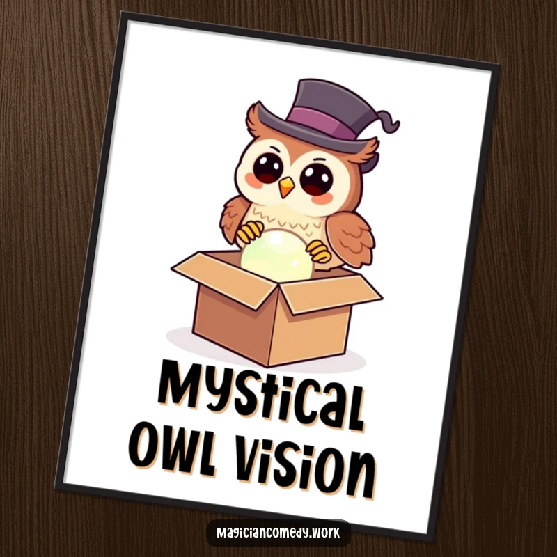 Funny owl magician digital art print of a happy owl in a top hat pulling a glowing orb from a box, magical decor.