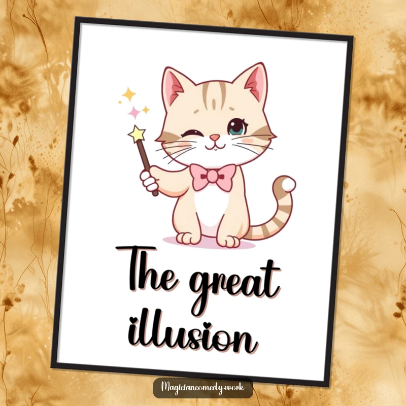 Funny digital art print of a whiskered cat in a bowtie making a wand disappear, ideal for instant humorous decor.