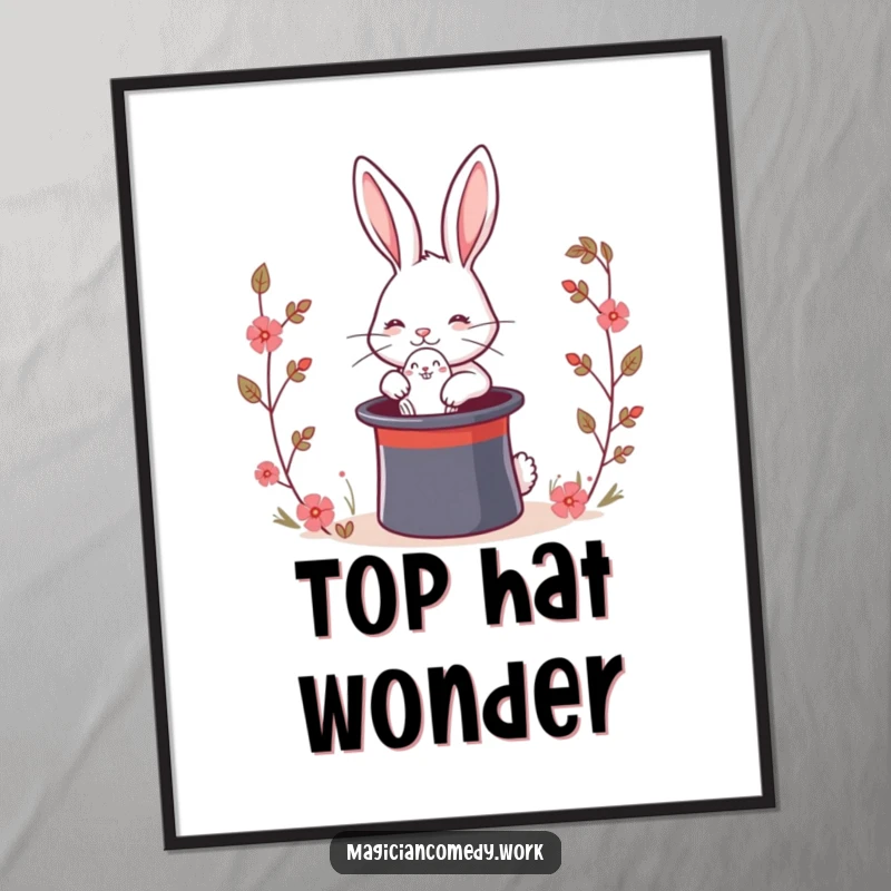 Funny magic rabbit digital art print of a cute bunny pulling a rabbit from a top hat, offering a humorous and magical visual.