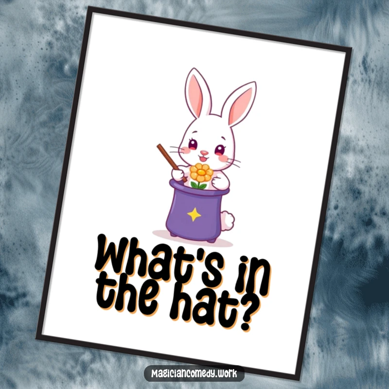 Funny rabbit magician digital art print, a cute bunny conjuring a flower, creating a whimsical and magical scene.