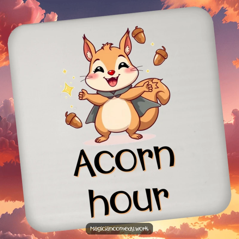 Funny squirrel juggling coaster showing a cheerful squirrel in a cape juggling sparkling acorns with a grin, protecting furniture.