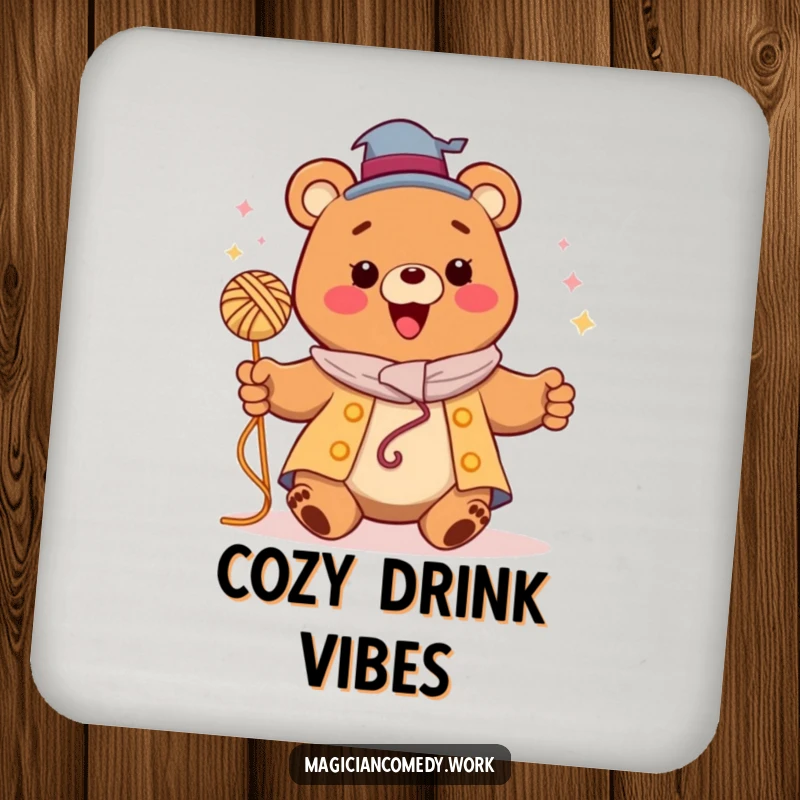 Funny bear magician coaster, a happy bear levitating yarn, adding magical charm to tabletops.