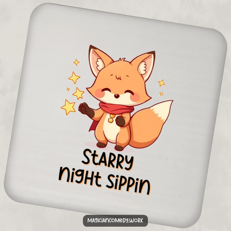 Funny fox magician coaster, a playful fox creating stars, adding magical charm to tabletops.