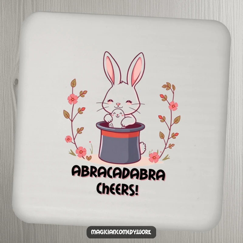 Funny magic rabbit coaster set depicting a cute bunny pulling a rabbit from a top hat, protecting furniture with a humorous illusion.