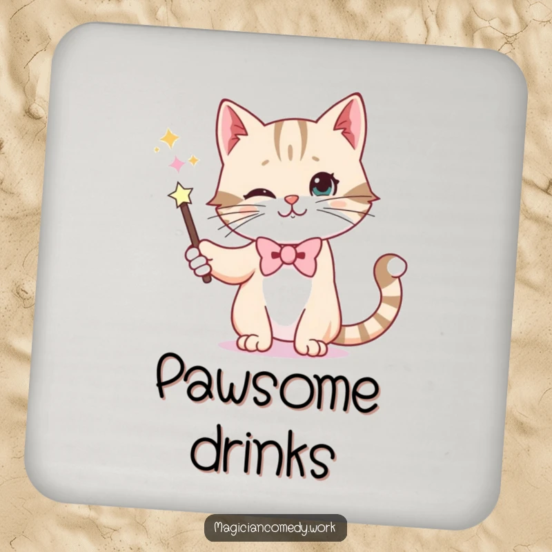 Funny drink coasters featuring a whiskered cat in a bowtie making a wand disappear, adding humorous mystery to any beverage.