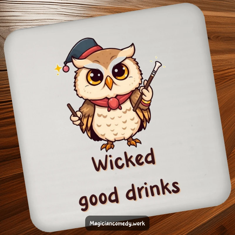 Funny owl magician coaster, a curious owl vanishing a wand, adding mysterious charm to tabletops.