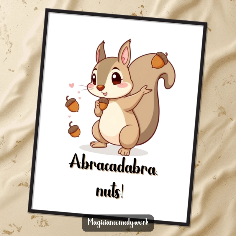 Funny poster print of a mischievous squirrel magician conjuring acorns, ideal for wall art and unique, humorous gifting.