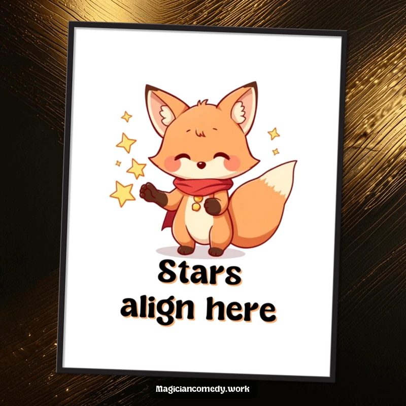 Funny fox magician poster, a playful fox conjuring sparkling stars, creating a whimsical and magical art piece.