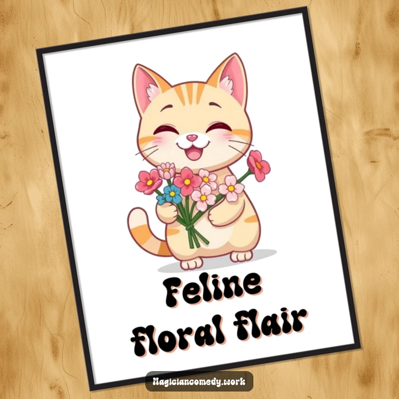 Funny grinning cat poster depicting a cute cat producing a bouquet of flowers from its paw, creating a charming and humorous floral scene.