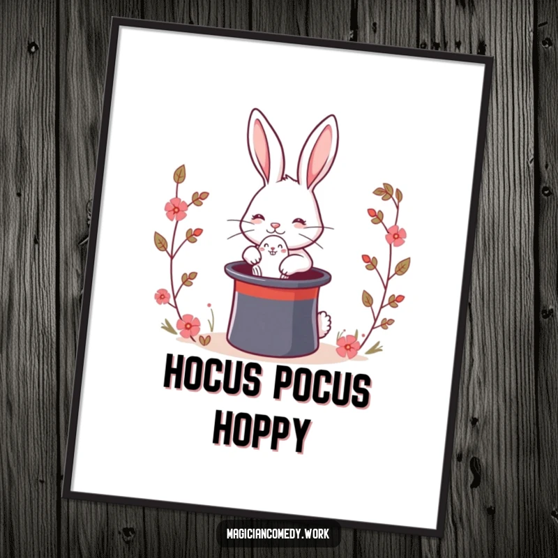 Funny magic rabbit poster depicting a cute bunny pulling a rabbit out of a top hat, creating a humorous and magical visual.