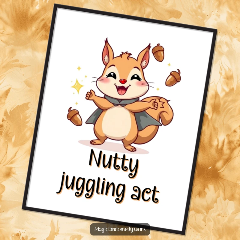 Funny squirrel juggling poster of a cheerful squirrel in a cape grinning while juggling sparkling acorns, vibrant wall art.