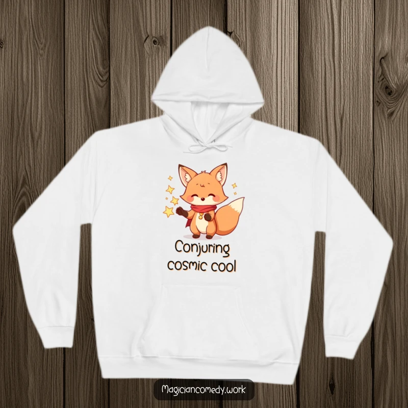 Funny fox magician hoodie, a playful fox conjuring stars, offering cozy and enchanting vibes.