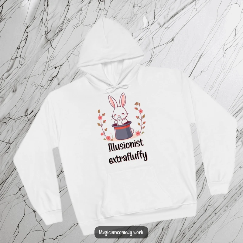 Funny magic rabbit hoodie featuring a cute bunny expertly pulling a rabbit from a top hat, embodying a funny and surprising performance.