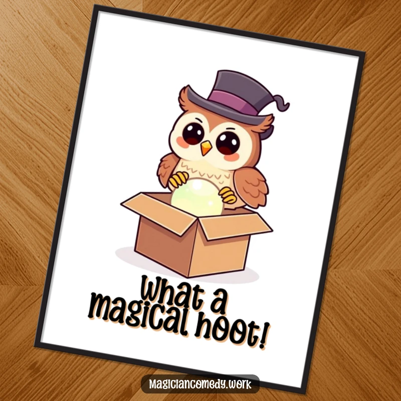 Funny Free Printable Wall Art: An owl in a top hat magically pulls a glowing orb from a box, whimsical decor.