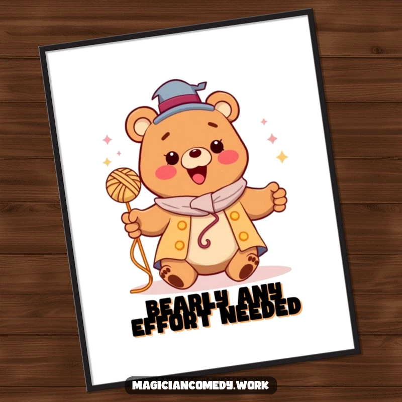 Funny Free Printable Wall Art: A happy bear magician levitates a colorful ball of yarn with magical flair.