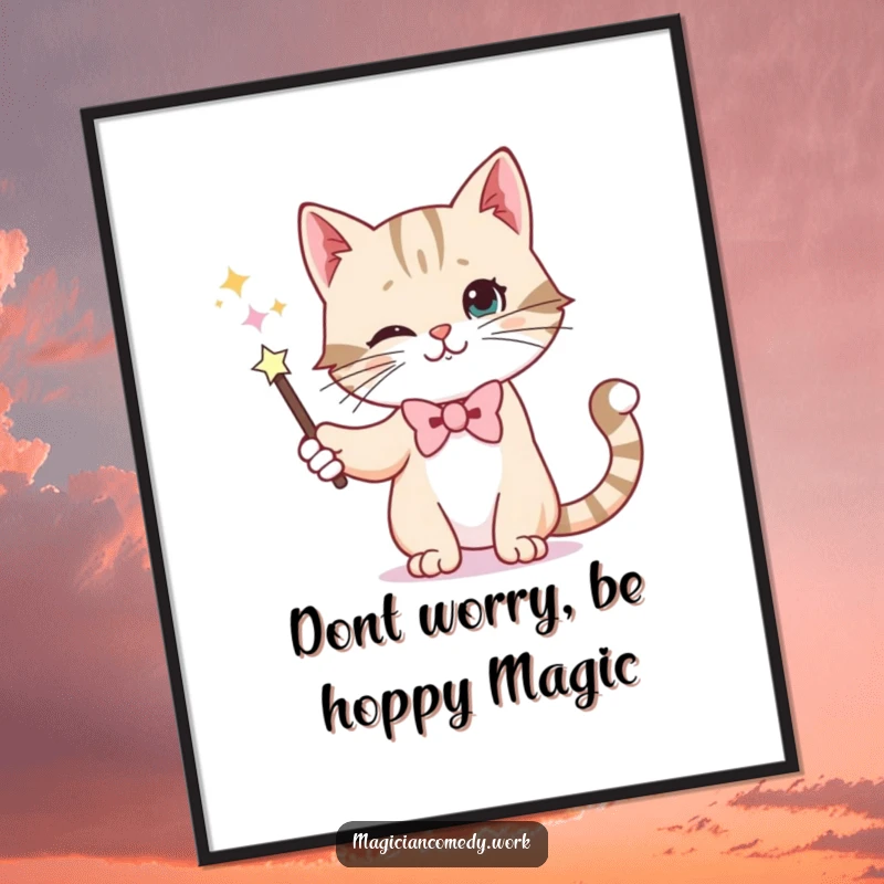 Funny Free Printable Wall Art: A dapper cat in a bowtie skillfully makes a magic wand disappear with its paw.