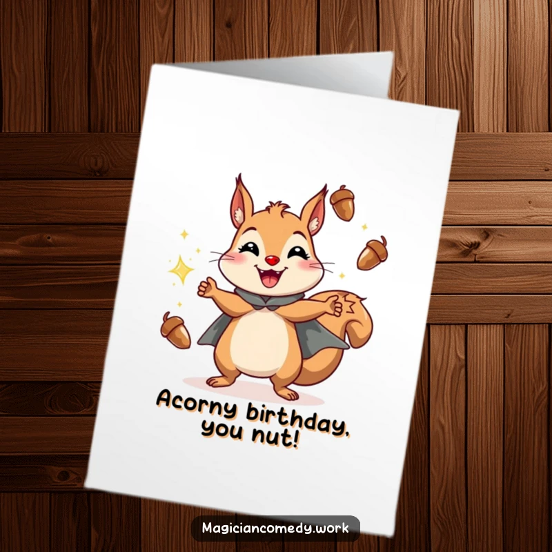 Funny Free Printable Birthday Card: Cheerful squirrel in a cape juggling sparkling acorns, celebrating a birthday with a huge grin.