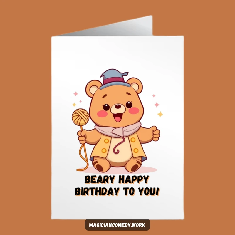 Free Printable Birthday Card: Bear Magician Yarn Trick Funny Downloadable Gift