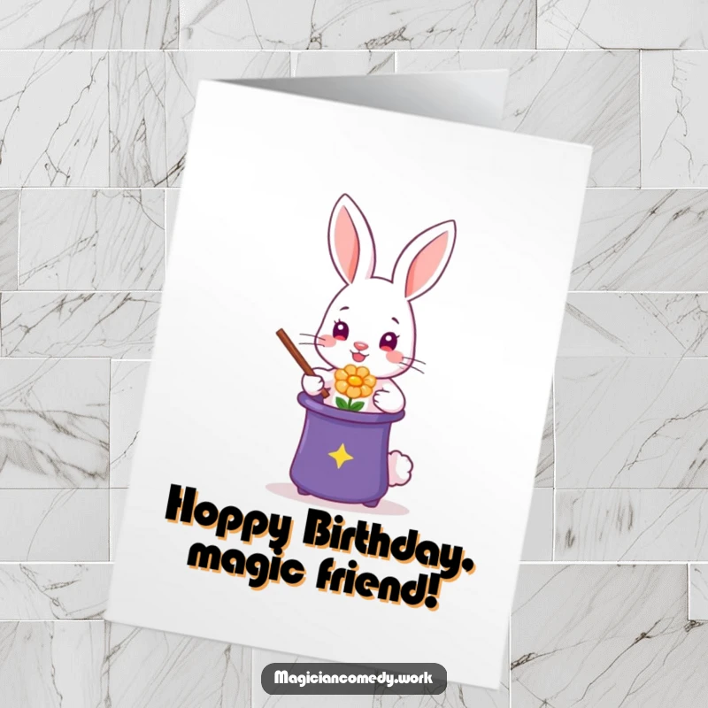 Funny Free Printable Birthday Card: A cute rabbit magician in a top hat pulls a flower, looking surprised.
