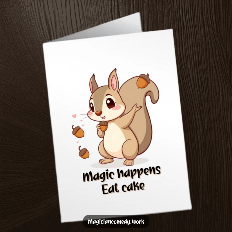 Funny Free Printable Birthday Card: Mischievous squirrel magician conjuring acorns with a playful, magical expression, ready for a birthday surprise.