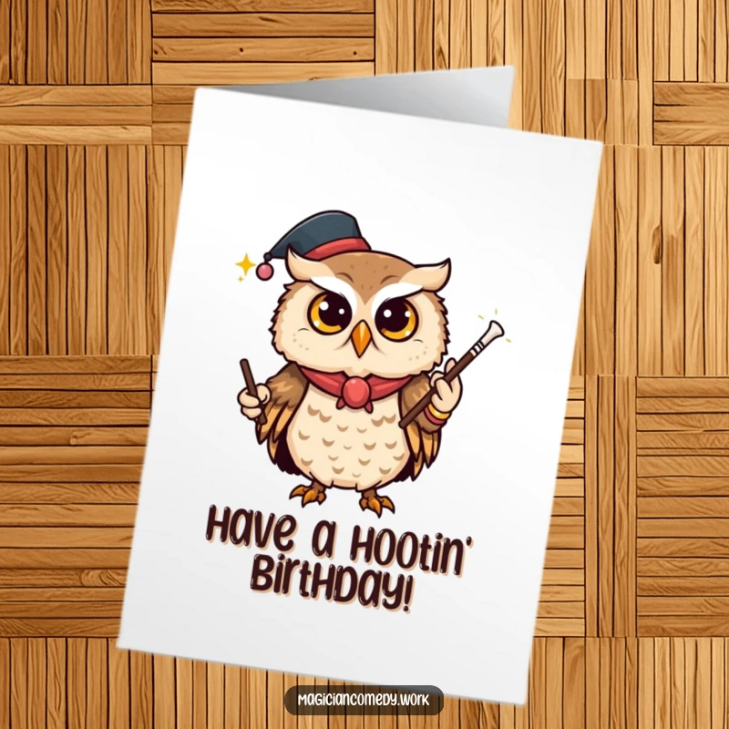 Funny Free Printable Birthday Card: A curious owl magician winks as a magic wand vanishes, a playful birthday trick.