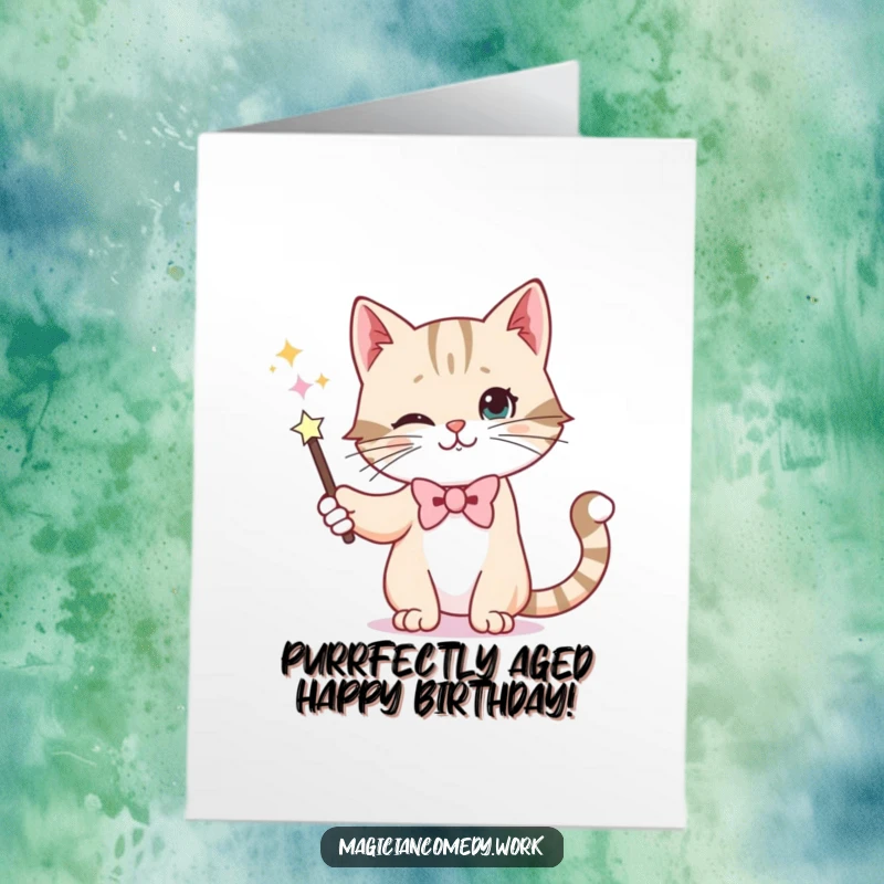 Funny Free Printable Birthday Card: A whiskered cat in a bowtie skillfully makes a magic wand disappear.