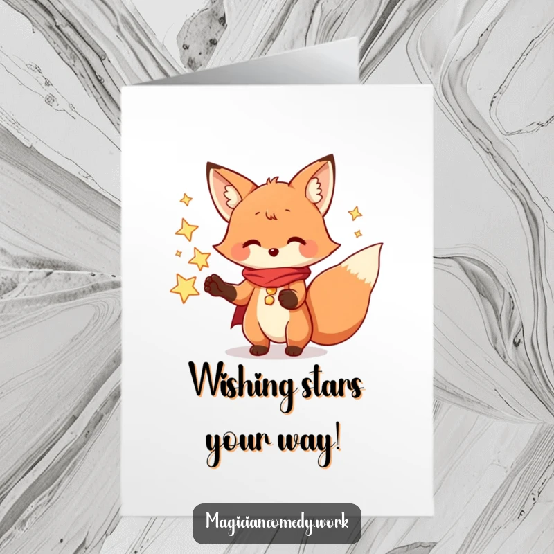 Funny Free Printable Birthday Card: A playful fox magician conjures shimmering stars from its paws, sending birthday magic.