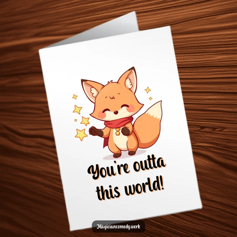 Funny Free Printable Congrats Card: A playful fox magician creates sparkling stars from its paws, celebrating success.