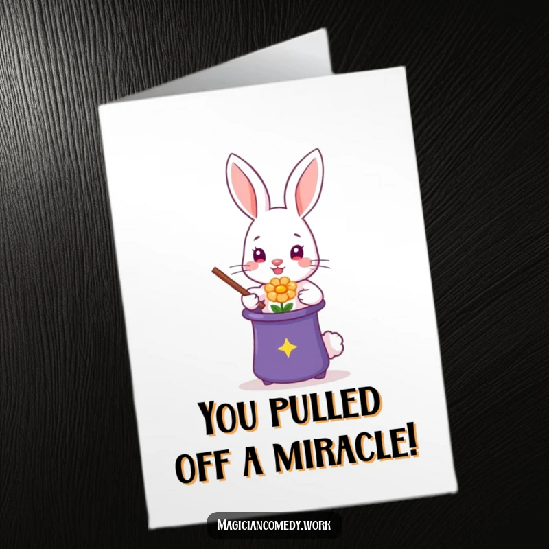 Funny Free Printable Congrats Card: A cute rabbit magician performs a flower trick from a hat, perfect for celebrations.